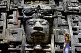 Sofia Yazpik gazes at a monumental Maya lord at Lamanai