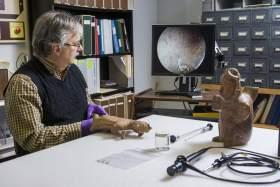 Dr. Robert Pickering uses an endoscope to examines a West Mexican ceramic figure. an archaeologist using an endoscope on a ceramic figure